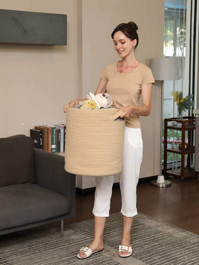 Cottonphant 16" x 16" x 18" Extra Large Storage Basket with Lid, Cotton Rope Storage Baskets, Laundry Hamper, Cloth Bin, for Clothes Towels Blankets Pillows Storage in Living Room, Full Beige with Cover - Image 5